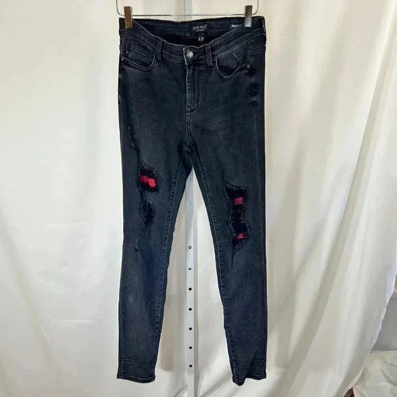 Judy Blue Skinny Fit 5|27 Black Denim Distressed Jeans with Plaid Patch - Picture 2 of 16